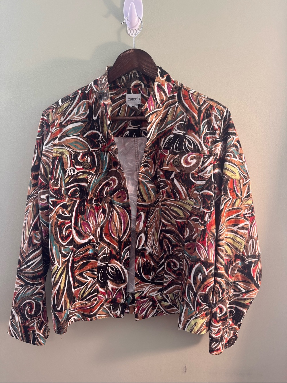 Chico's Multicolor Abstract Floral Jean Jacket - Black, Red, Brown, Cream